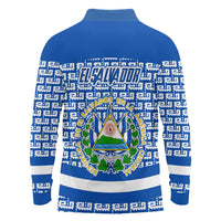 El Salvador Tribal Pattern Long Sleeve Polo Shirt with National Coat of Arms and Blue White Theme - Wonder Print Shop