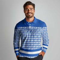 El Salvador Tribal Pattern Long Sleeve Polo Shirt with National Coat of Arms and Blue White Theme - Wonder Print Shop