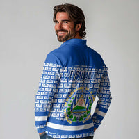 El Salvador Tribal Pattern Long Sleeve Polo Shirt with National Coat of Arms and Blue White Theme - Wonder Print Shop
