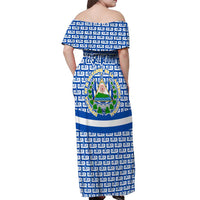 El Salvador Tribal Pattern Off Shoulder Maxi Dress with National Coat of Arms and Blue White Theme - Wonder Print Shop