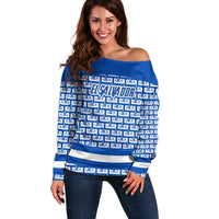 El Salvador Tribal Pattern Off Shoulder Sweater with National Coat of Arms and Blue White Theme - Wonder Print Shop