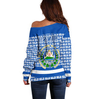 El Salvador Tribal Pattern Off Shoulder Sweater with National Coat of Arms and Blue White Theme - Wonder Print Shop