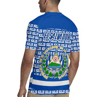 El Salvador Tribal Pattern Rugby Jersey with National Coat of Arms and Blue White Theme - Wonder Print Shop
