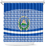 El Salvador Tribal Pattern Shower Curtain with National Coat of Arms and Blue White Theme - Wonder Print Shop