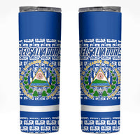El Salvador Tribal Pattern Skinny Tumbler with National Coat of Arms and Blue White Theme - Wonder Print Shop