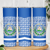 El Salvador Tribal Pattern Skinny Tumbler with National Coat of Arms and Blue White Theme - Wonder Print Shop