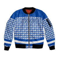 El Salvador Tribal Pattern Sleeve Zip Bomber Jacket with National Coat of Arms and Blue White Theme - Wonder Print Shop
