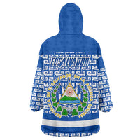 El Salvador Tribal Pattern Wearable Blanket Hoodie with National Coat of Arms and Blue White Theme - Wonder Print Shop
