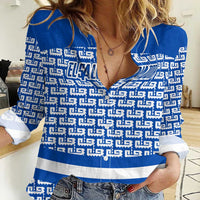 El Salvador Tribal Pattern Women Casual Shirt with National Coat of Arms and Blue White Theme - Wonder Print Shop