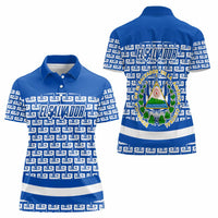 El Salvador Tribal Pattern Women Polo Shirt with National Coat of Arms and Blue White Theme - Wonder Print Shop