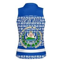 El Salvador Tribal Pattern Women Sleeveless Polo Shirt with National Coat of Arms and Blue White Theme - Wonder Print Shop