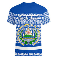 El Salvador Tribal Pattern Women V-Neck T-Shirt with National Coat of Arms and Blue White Theme - Wonder Print Shop