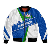 El Salvador Flag Crest Bomber Jacket with Blue Green Stripes and Bold Letter Design - Wonder Print Shop