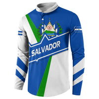 El Salvador Flag Crest Button Sweatshirt with Blue Green Stripes and Bold Letter Design - Wonder Print Shop