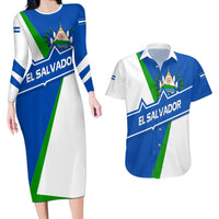El Salvador Flag Crest Couples Matching Long Sleeve Bodycon Dress and Hawaiian Shirt with Blue Green Stripes and Bold Letter Design - Wonder Print Shop