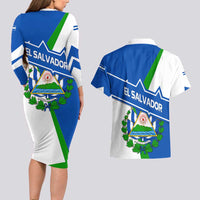 El Salvador Flag Crest Couples Matching Long Sleeve Bodycon Dress and Hawaiian Shirt with Blue Green Stripes and Bold Letter Design - Wonder Print Shop