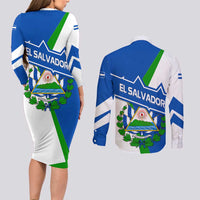 El Salvador Flag Crest Couples Matching Long Sleeve Bodycon Dress and Long Sleeve Button Shirt with Blue Green Stripes and Bold Letter Design - Wonder Print Shop