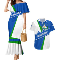 El Salvador Flag Crest Couples Matching Mermaid Dress and Hawaiian Shirt with Blue Green Stripes and Bold Letter Design - Wonder Print Shop