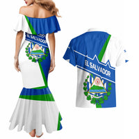 El Salvador Flag Crest Couples Matching Mermaid Dress and Hawaiian Shirt with Blue Green Stripes and Bold Letter Design - Wonder Print Shop
