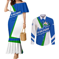 El Salvador Flag Crest Couples Matching Mermaid Dress and Long Sleeve Button Shirt with Blue Green Stripes and Bold Letter Design - Wonder Print Shop