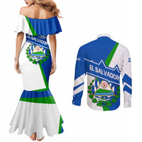 El Salvador Flag Crest Couples Matching Mermaid Dress and Long Sleeve Button Shirt with Blue Green Stripes and Bold Letter Design - Wonder Print Shop