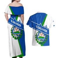 El Salvador Flag Crest Couples Matching Off Shoulder Maxi Dress and Hawaiian Shirt with Blue Green Stripes and Bold Letter Design - Wonder Print Shop