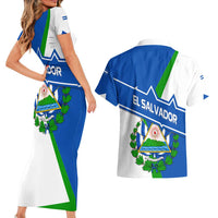 El Salvador Flag Crest Couples Matching Short Sleeve Bodycon Dress and Hawaiian Shirt with Blue Green Stripes and Bold Letter Design - Wonder Print Shop