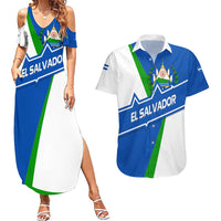 El Salvador Flag Crest Couples Matching Summer Maxi Dress and Hawaiian Shirt with Blue Green Stripes and Bold Letter Design - Wonder Print Shop