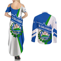El Salvador Flag Crest Couples Matching Summer Maxi Dress and Long Sleeve Button Shirt with Blue Green Stripes and Bold Letter Design - Wonder Print Shop
