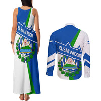 El Salvador Flag Crest Couples Matching Tank Maxi Dress and Long Sleeve Button Shirt with Blue Green Stripes and Bold Letter Design - Wonder Print Shop