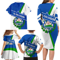 El Salvador Flag Crest Family Matching Long Sleeve Bodycon Dress and Hawaiian Shirt with Blue Green Stripes and Bold Letter Design - Wonder Print Shop