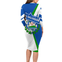 El Salvador Flag Crest Family Matching Long Sleeve Bodycon Dress and Hawaiian Shirt with Blue Green Stripes and Bold Letter Design - Wonder Print Shop