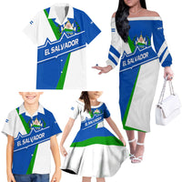 El Salvador Flag Crest Family Matching Off The Shoulder Long Sleeve Dress and Hawaiian Shirt with Blue Green Stripes and Bold Letter Design - Wonder Print Shop