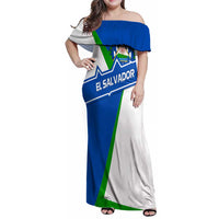 El Salvador Flag Crest Family Matching Off Shoulder Maxi Dress and Hawaiian Shirt with Blue Green Stripes and Bold Letter Design - Wonder Print Shop