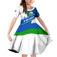 El Salvador Flag Crest Family Matching Off Shoulder Short Dress and Hawaiian Shirt with Blue Green Stripes and Bold Letter Design - Wonder Print Shop