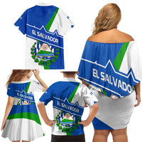 El Salvador Flag Crest Family Matching Off Shoulder Short Dress and Hawaiian Shirt with Blue Green Stripes and Bold Letter Design - Wonder Print Shop