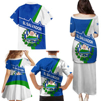 El Salvador Flag Crest Family Matching Puletasi and Hawaiian Shirt with Blue Green Stripes and Bold Letter Design - Wonder Print Shop