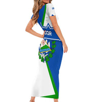 El Salvador Flag Crest Family Matching Short Sleeve Bodycon Dress and Hawaiian Shirt with Blue Green Stripes and Bold Letter Design - Wonder Print Shop
