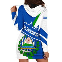 El Salvador Flag Crest Hoodie Dress with Blue Green Stripes and Bold Letter Design - Wonder Print Shop
