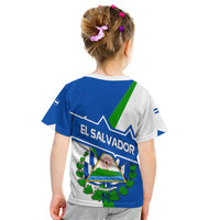 El Salvador Flag Crest Kid T Shirt with Blue Green Stripes and Bold Letter Design - Wonder Print Shop