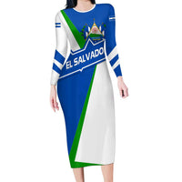 El Salvador Flag Crest Long Sleeve Bodycon Dress with Blue Green Stripes and Bold Letter Design - Wonder Print Shop