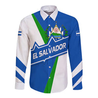 El Salvador Flag Crest Long Sleeve Button Shirt with Blue Green Stripes and Bold Letter Design - Wonder Print Shop
