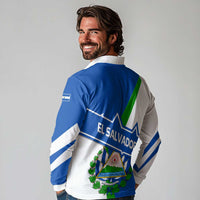 El Salvador Flag Crest Long Sleeve Polo Shirt with Blue Green Stripes and Bold Letter Design - Wonder Print Shop