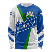 El Salvador Flag Crest Long Sleeve Shirt with Blue Green Stripes and Bold Letter Design - Wonder Print Shop