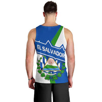 El Salvador Flag Crest Men Tank Top with Blue Green Stripes and Bold Letter Design - Wonder Print Shop