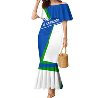 El Salvador Flag Crest Mermaid Dress with Blue Green Stripes and Bold Letter Design - Wonder Print Shop