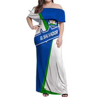 El Salvador Flag Crest Off Shoulder Maxi Dress with Blue Green Stripes and Bold Letter Design - Wonder Print Shop