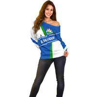 El Salvador Flag Crest Off Shoulder Sweater with Blue Green Stripes and Bold Letter Design - Wonder Print Shop