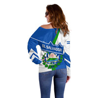 El Salvador Flag Crest Off Shoulder Sweater with Blue Green Stripes and Bold Letter Design - Wonder Print Shop