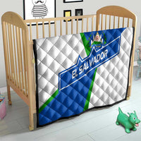 El Salvador Flag Crest Quilt with Blue Green Stripes and Bold Letter Design - Wonder Print Shop